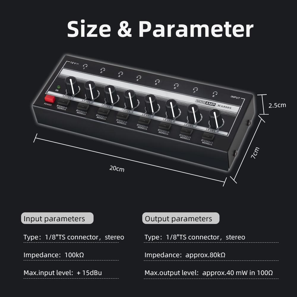 8 Channels Mini Headphone Amplifier Ultra-Compact Stereo Audio Amplifier with Power Adapter Earphone Splitter