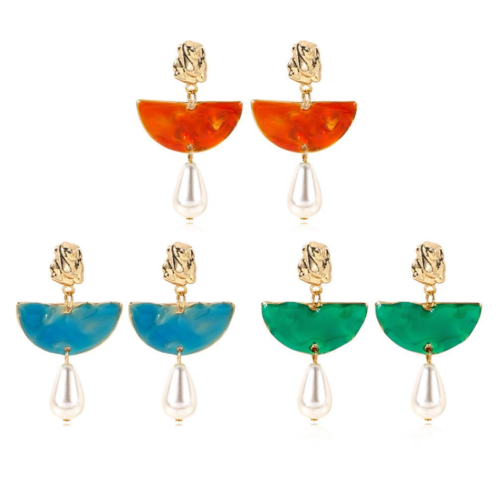Chic European American Style Alloy Half-round Pearl Earrings For Women Summer 2021