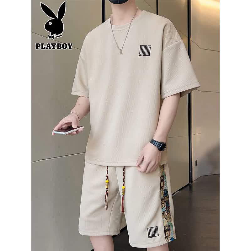 PLAYBOY Men's Waffle Ice Silk T-Shirt & Shorts Set