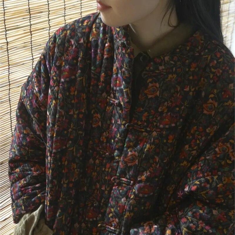 Johnature Women Chinese Style Corduroy Parkas Stand Long Sleeve Button Winter Vintage Coats Print Floral Warm Winter Parkas
