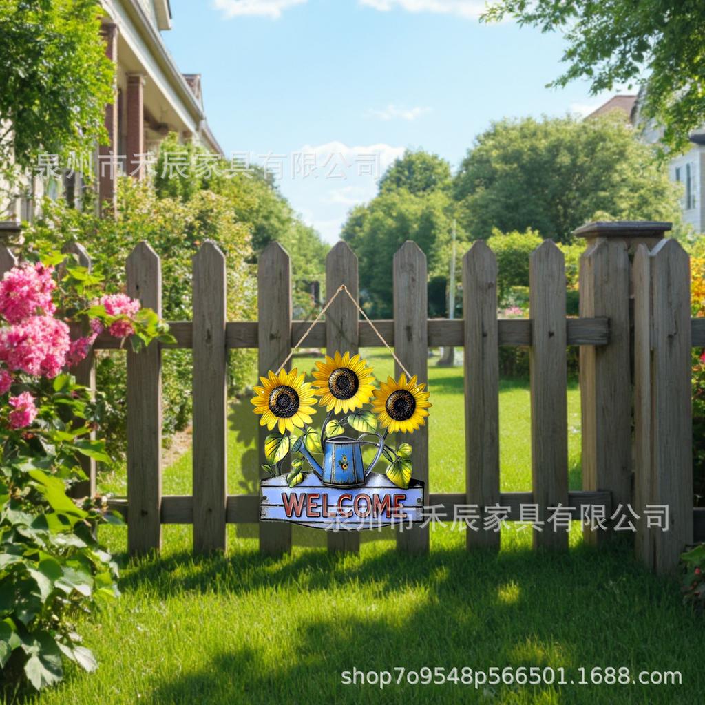 Metal Sunflower Wall Decor with Watering Can and Welcome Sign Garden Hanging Ornament Indoor Outdoor Wall Art
