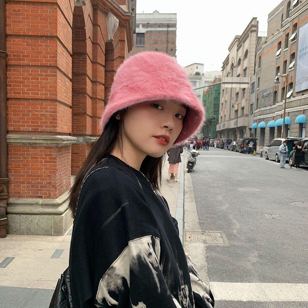 Color Imitation Rabbit Fur Korean Style Hat Fashion Design Plush Fisherman Hat Women Bucket Hat