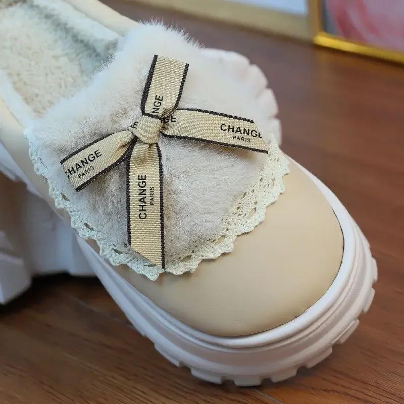 Fashion Winter Furry Women Waterproof Mules  Cotton Slippers Girl Bow Tied Furry Slippers Home Platform Warm   Slippers Ladies