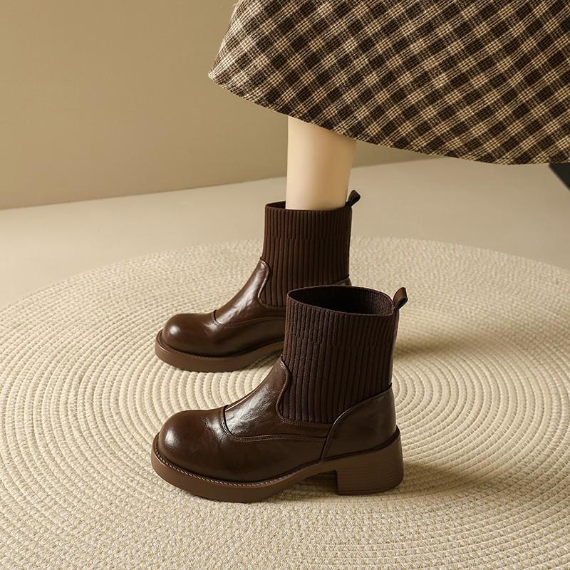 New thermal short boots women's British style autumn and winter thin boots thick-soled Martin boots women's elastic knitted boots