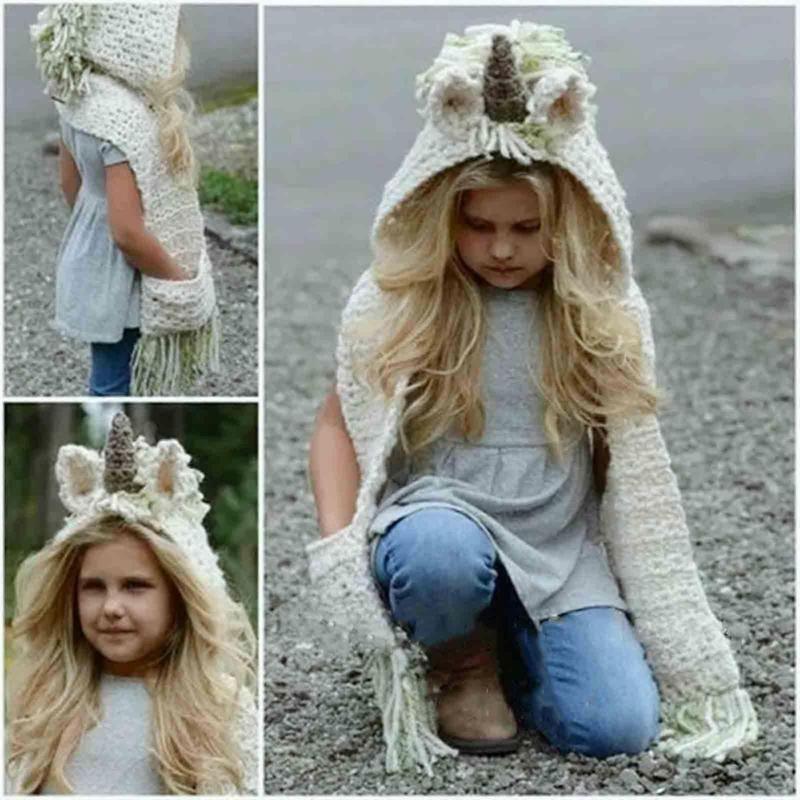 Cartoon Kids Warm Cap for Boys Girls with Scarf Pocket Hooded Set with Glove