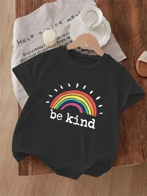Cute Sun Ray Rainbow With Be Kind Slogan Pattern Printed Short Sleeve T Shirt Inspirational Casual Outfit For Boys Girls
