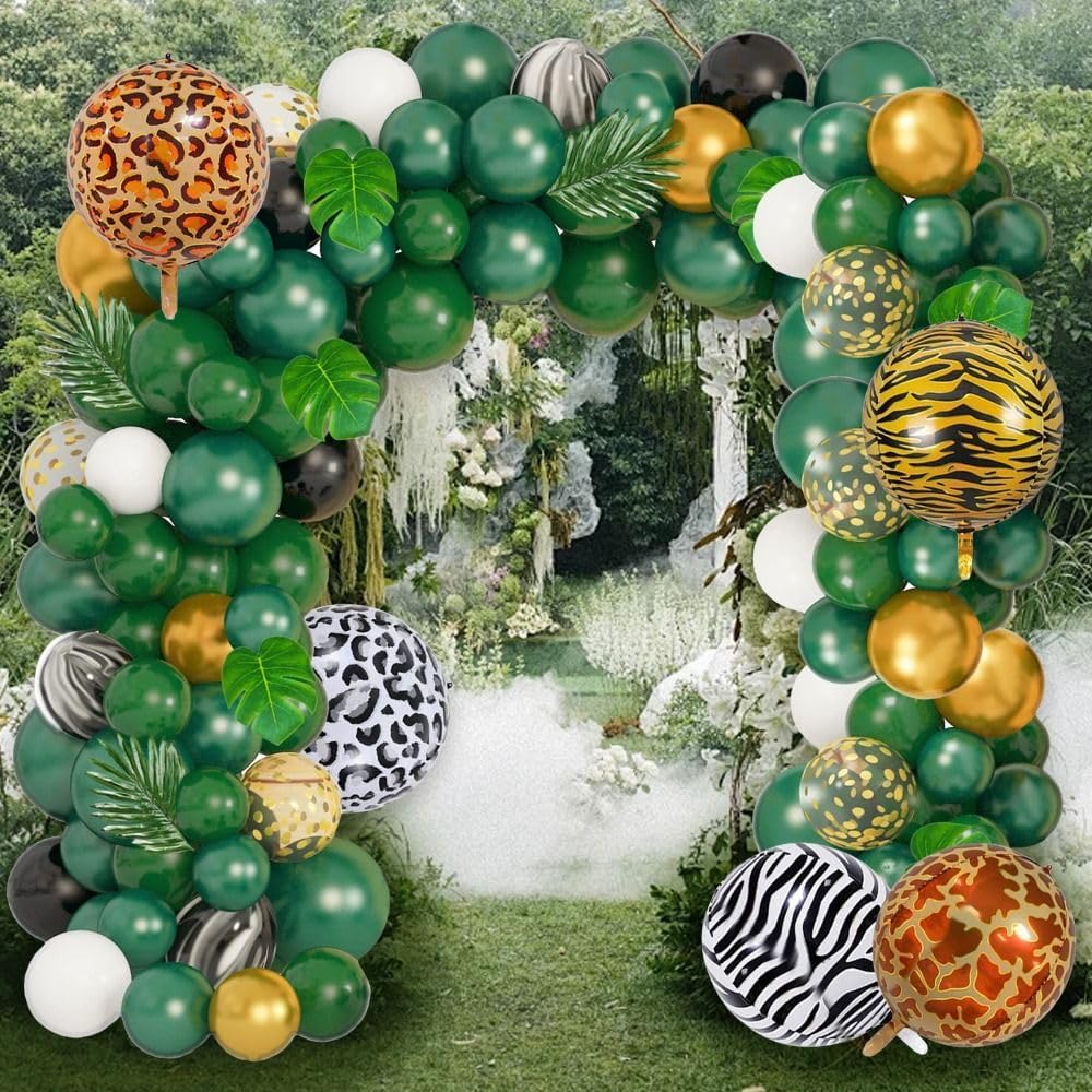 90Pcs Jungle Safari Balloons Arch Kit, Dark Green Gold Black Garland Kit with Animal Foil Balloons Palm Leaves for Wild One Birthday Woodland Party