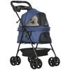 Foldable Dog Cat Stroller Buggy Storage Basket Cup Holders 300D Oxford Waterproof Fabric 4 Wheels Dark Blue