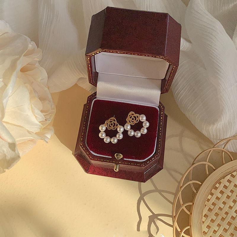 Sweet Rose Pearl Stud Earrings - French Retro Style for Women