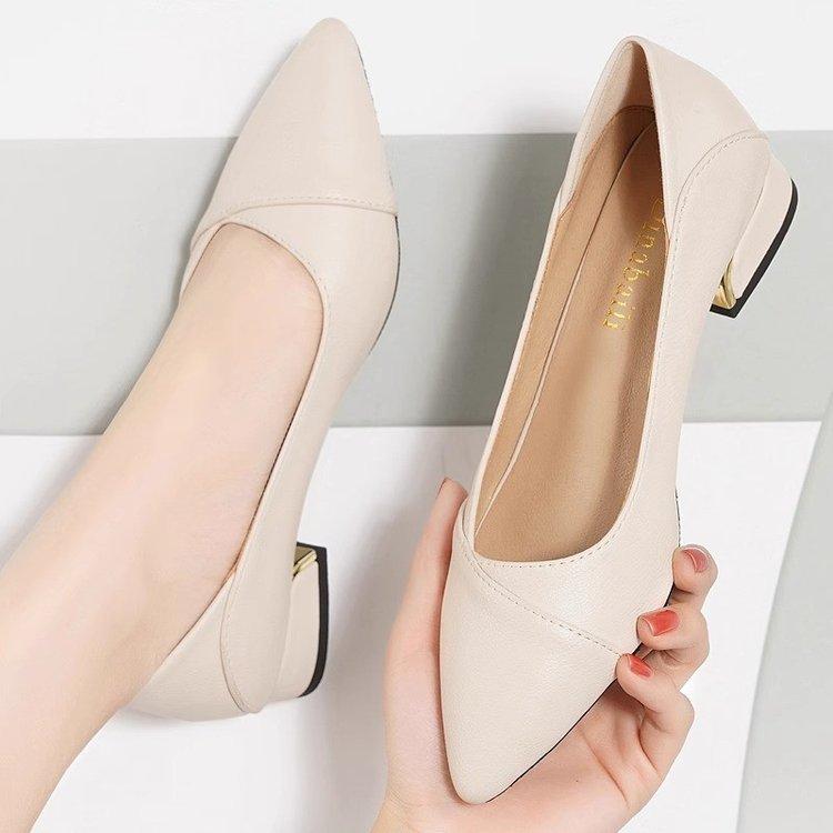 Thick heel single shoes women's low heel pointed 2025 new spring shallow mouth women's shoes flat low heel small leather shoes work shoes women