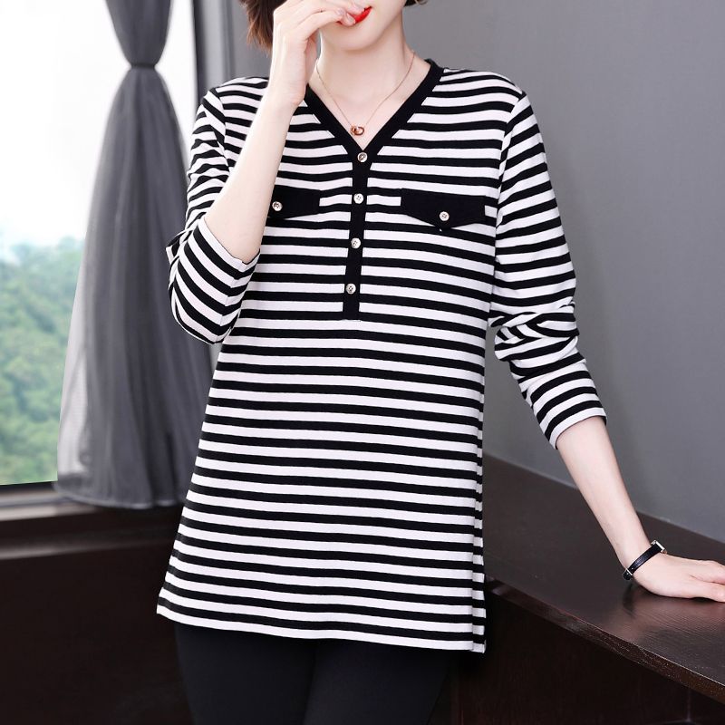 Fashion Simplicity Versatile Commute Button Montage Stripev Neck Large Size Loose Black White Ladies' Base Shirt Autumn 2024