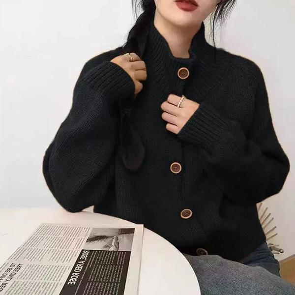 WTEMPO Stand Collar Long Sleeve Knitted Tops Casual Loose Button Cardigans Knitwear Women's Spring Autumn Elegant Sweater Coats
