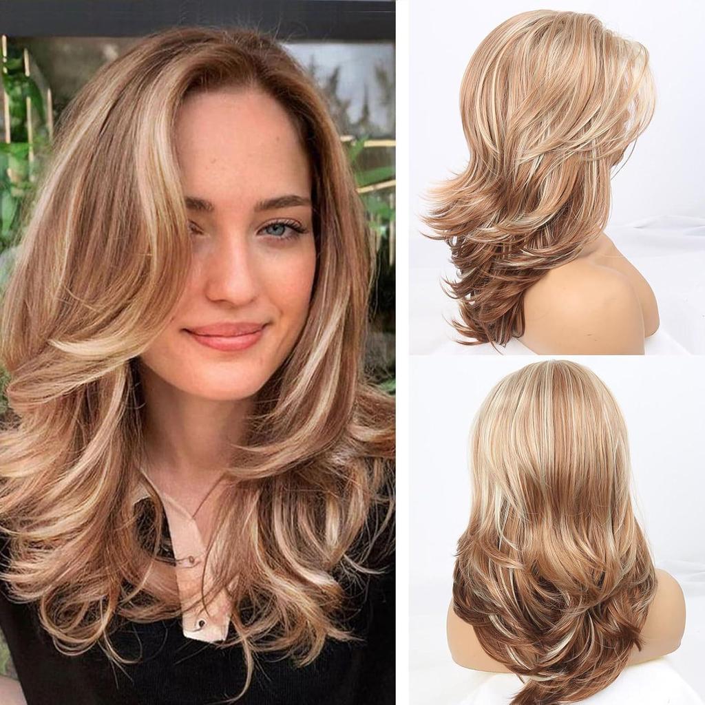 Dámská módní dlouhá kudrnatá paruka, zlatavě blond ofina na stranu, vlasový doplněk z vysokoteplotního vlákna