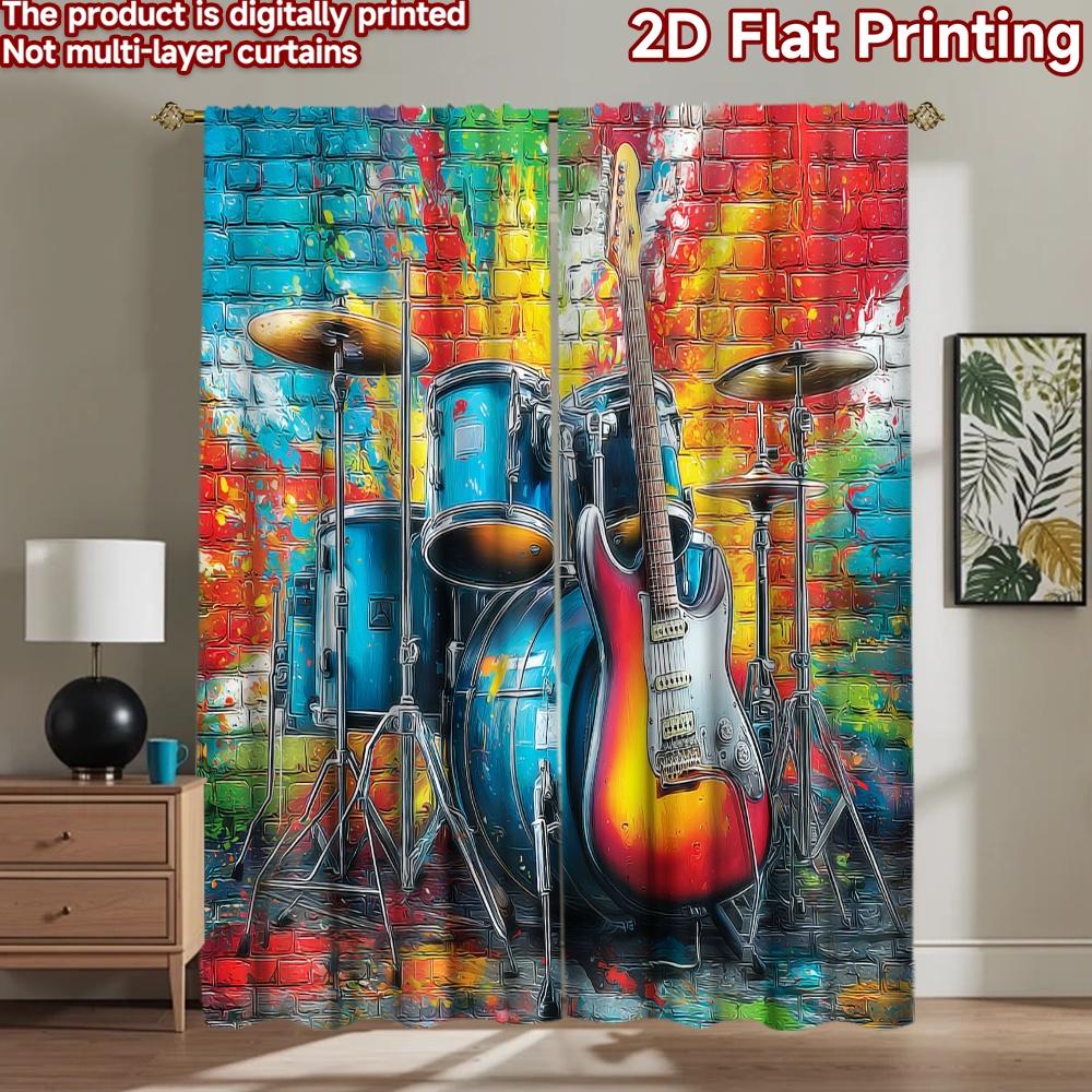 2D flat printing 2pcs Curtain Electric Guitar Drum Set Digital Printed Polyester Drapes Festive Wall Decor Use for Photo Booths 100×220