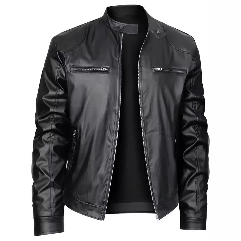 New Men's Stand-Up Collar Slim Leather Jacket Zipper Pocket Decorative Leather Jacket Motorcycle Clothing Men's Jacket