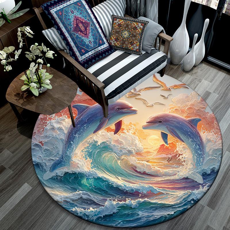 Dolphins Round Area Rug,Carpet Rug for Living Room Bedroom Sofa Playroom Decor,Non-slip Floor Mat
