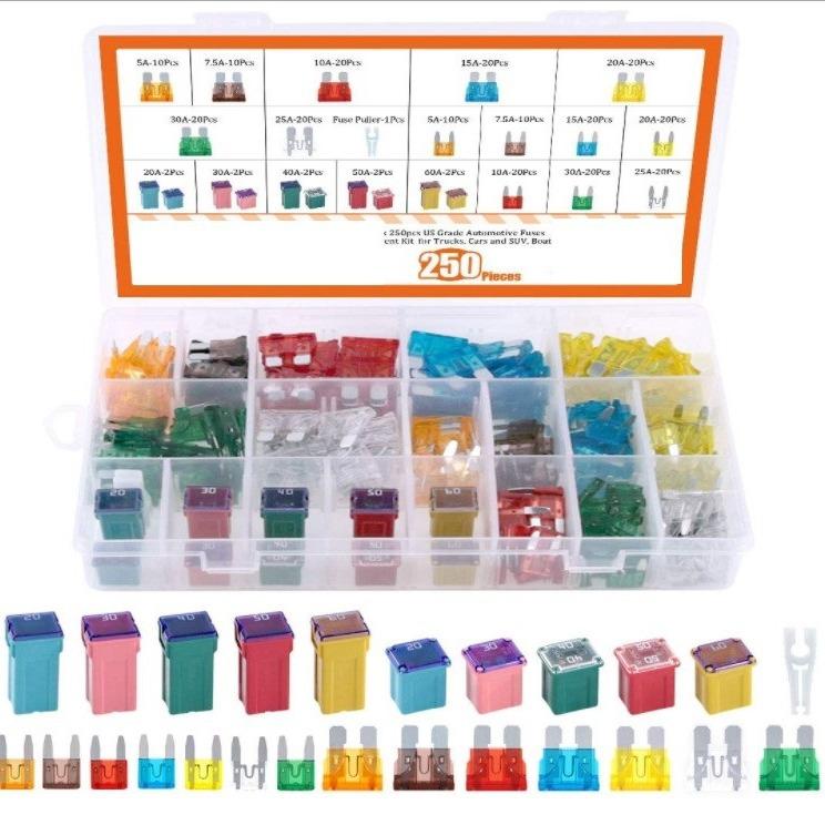 250 Pieces Automotive Fuse Set, Standard Mini Blade, Low And High STD Profile, Box-Shaped, Various Fuses