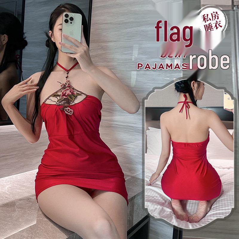 Red Embroidered Erotic Ancient Style Qipao Nightgown for Role Play