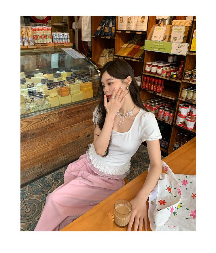 Interpret Beauty Summer 2025 Sweet Lace Trim Slimming Square Neck Short Sleeve T-Shirt S5012