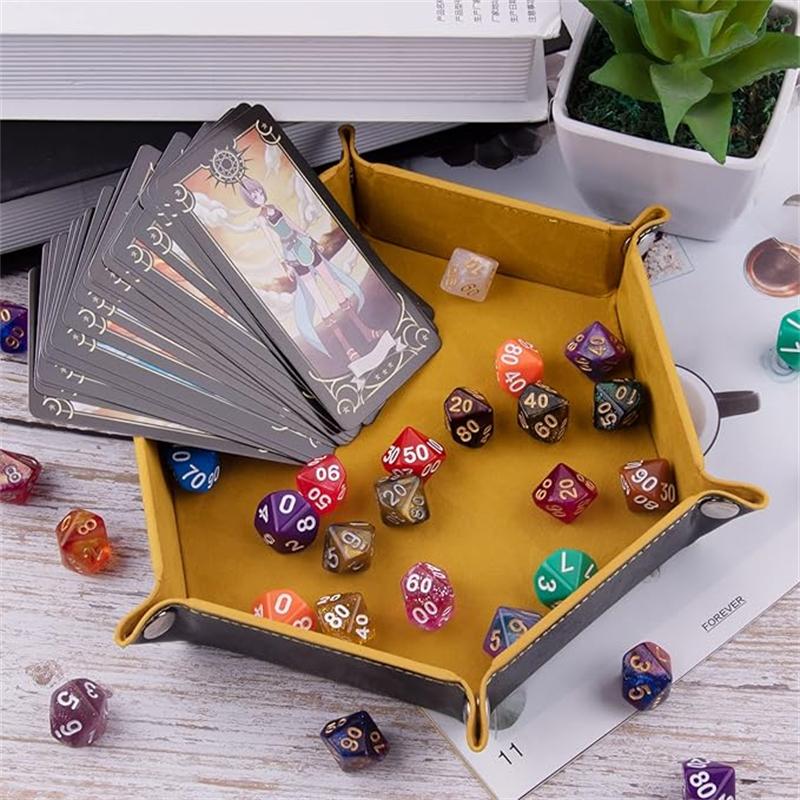 Faltbare Würfelbecherhalterbox PU-Leder Faltbares Sechseck Münz Quadratische Ablage für RPG Rollenspiel Tischbrettspiele
