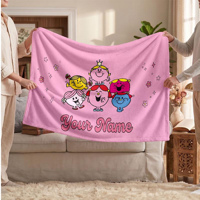 Mr. Men & Little Miss Personalized Flannel Blanket, Custom Printed Text Name, Warm Soft Blanket For Couch Bed
