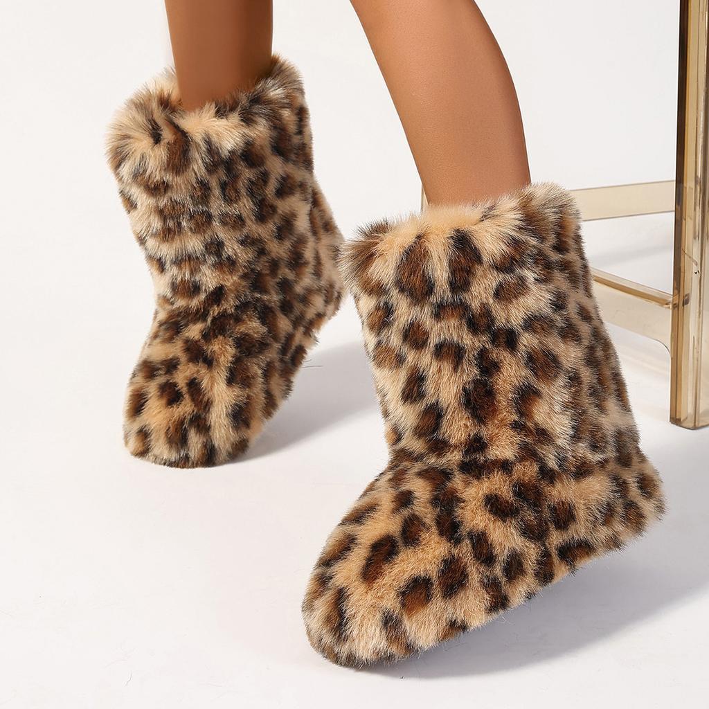 Plush Boots Women's Winter Y2k Girl Fashion Warm Thick-soled Mid-tube Boots Leopard Snow Boots