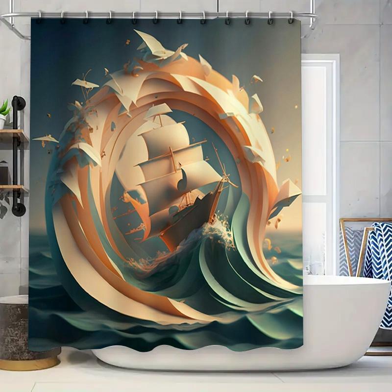 

Decorate Your Bathroom With Classic Ship Print Shower Curtains Orange Blue Sailboat Decor Modern Waterproof Shower Curtain Set W60H190(CM)-1 Pcs