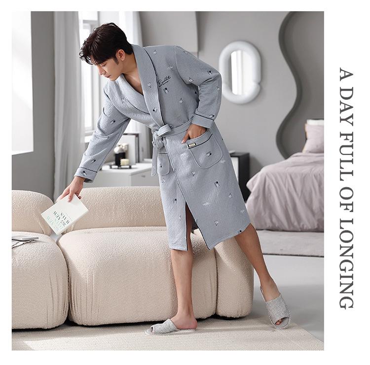 Men's Long Cotton Pajamas & Bathrobe - Thick, Three-Layer for Winter & Spring