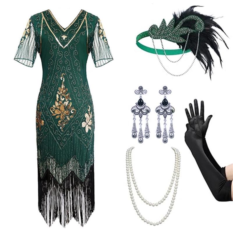 Vintage sequined Gatsby prom fringed dress dinner party dress plus size sexy dress