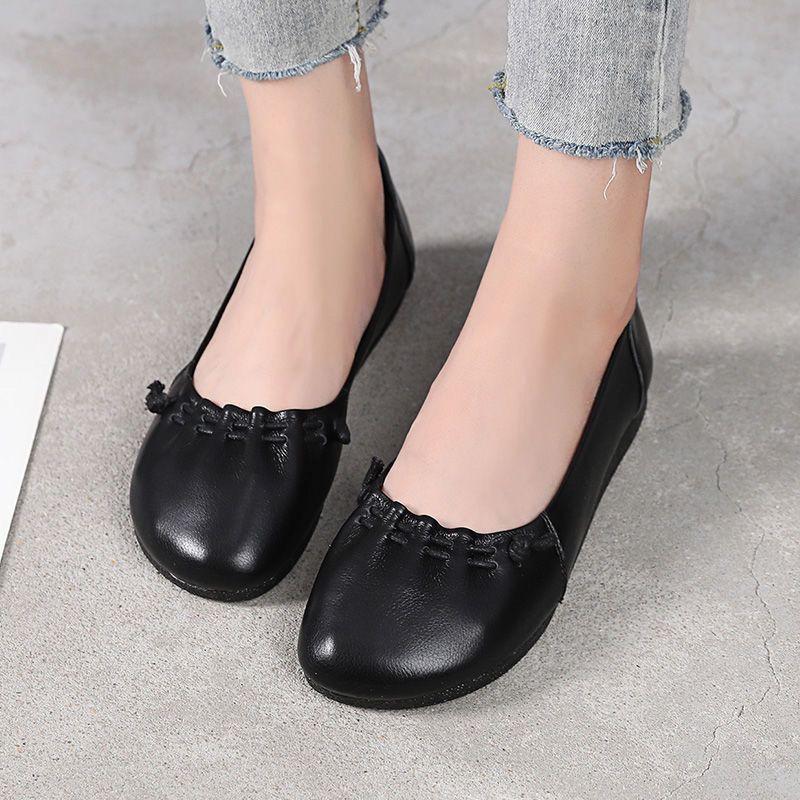 Enkeltsko i ekte skinn Flatbønnesko for kvinner Komfortabel sene, myk såle Vår og sommer Middelaldrende og eldre morsko