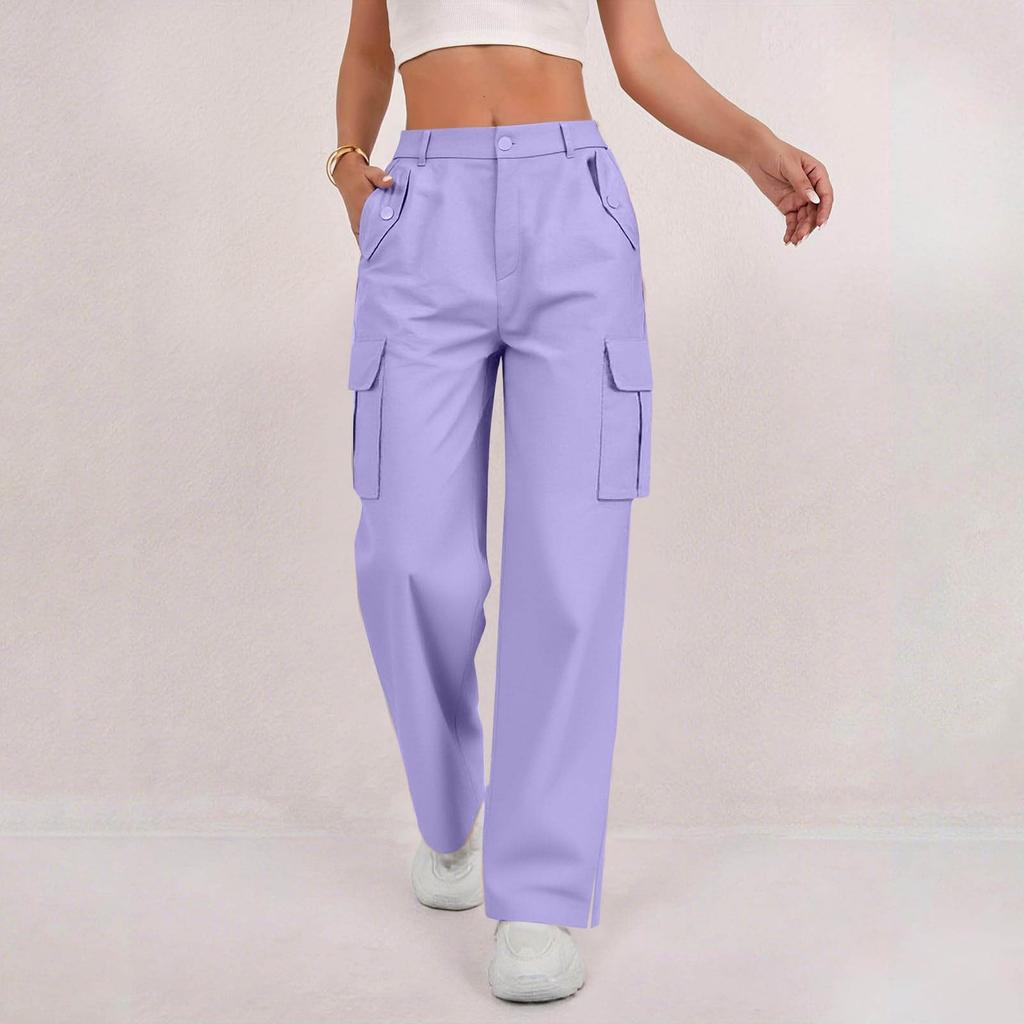 Women's Casual Fashion Solid Color Elastic Waist Drawstring Pocket Wide-Leg Straight-Cut Joggers