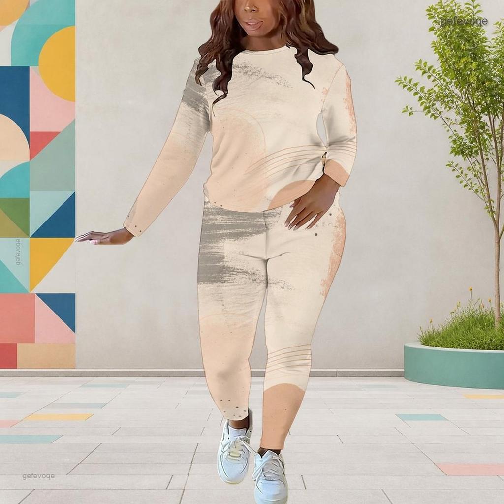 Women Plus Size White Printed Round Neck Long Sleeve Top And Fitted Pants Two Piece Set