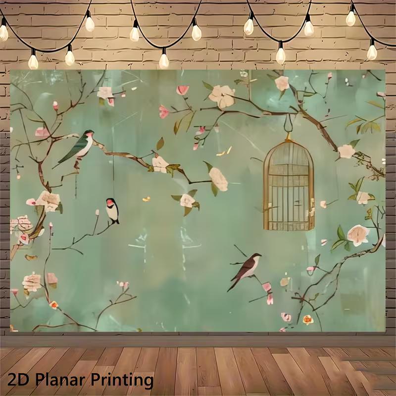 

2D Vintage Floral Backdrop, Teal Background with Birds & Blossoms Photography Banner 47.2x31.5inch/120*80cm