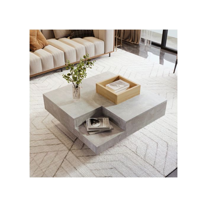 Table Basse - MUVOE - 72x72 Cm - Gris Béton - Bois - Amovible Avec Rangement