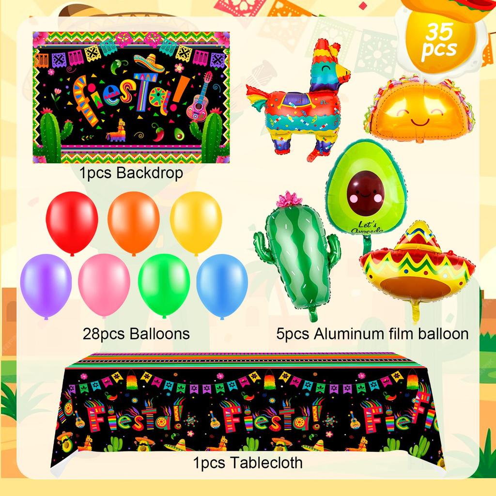 35pcs Fiesta Party Decorations Set -  Balloons,Taco Balloon,Cactus Llama Foil Balloons &Backdrop Etc Mexican Party Decorations