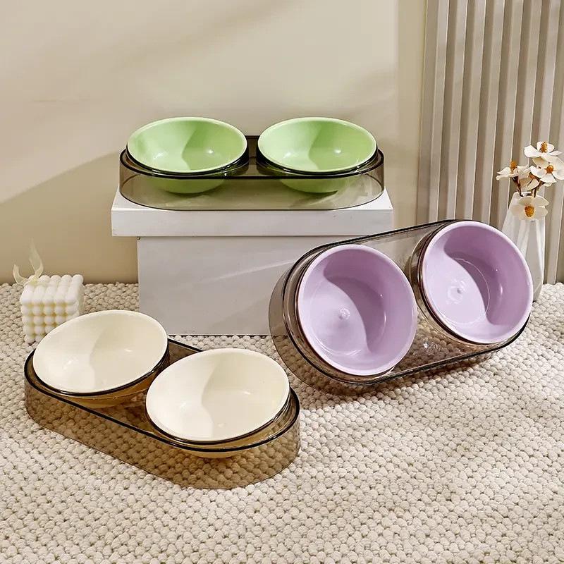 Cat Bowl, Dog Bowl, Slanted Mouth To Protect The Cervical Vertebrae, Double Bowl for Drinking Water, Cat Food Bowl, Cat Rice Bowl, Pet Bowl