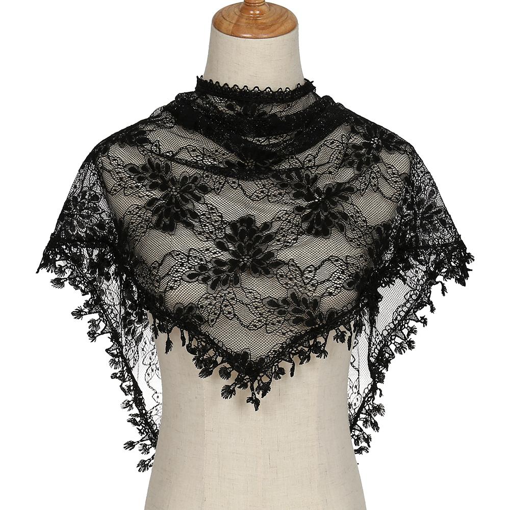 Women Lace Triangle Scarf Floral Embroidery Shawls Muslim Christian Lace Foulard Luxury  Veil Hijab Solid Color Tassels Headband