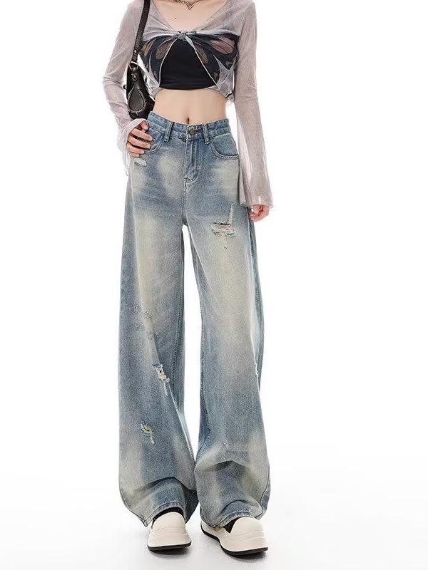 Women's High Waist Retro Ripped Jeans, 2024 Autumn/Winter Collection - Loose, Slimming Straight Wide-Leg Floor-Length Pants