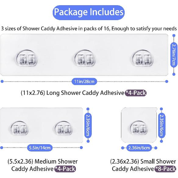 16-Pack Shower Caddy Adhesive Replacement, Transparent Adhesive Hooks Stickers, Strong Hook Strip for Shower Caddy Basket Shelf, Soap Holder,