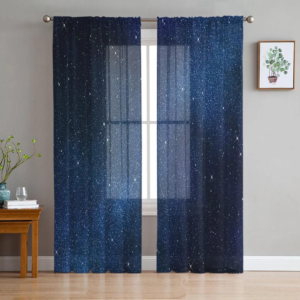 Night Sky Star Moon Sheer Curtains Living Room Window Tulle Curtains For Bedroom Kitchen Home Decoration Voile Drapes