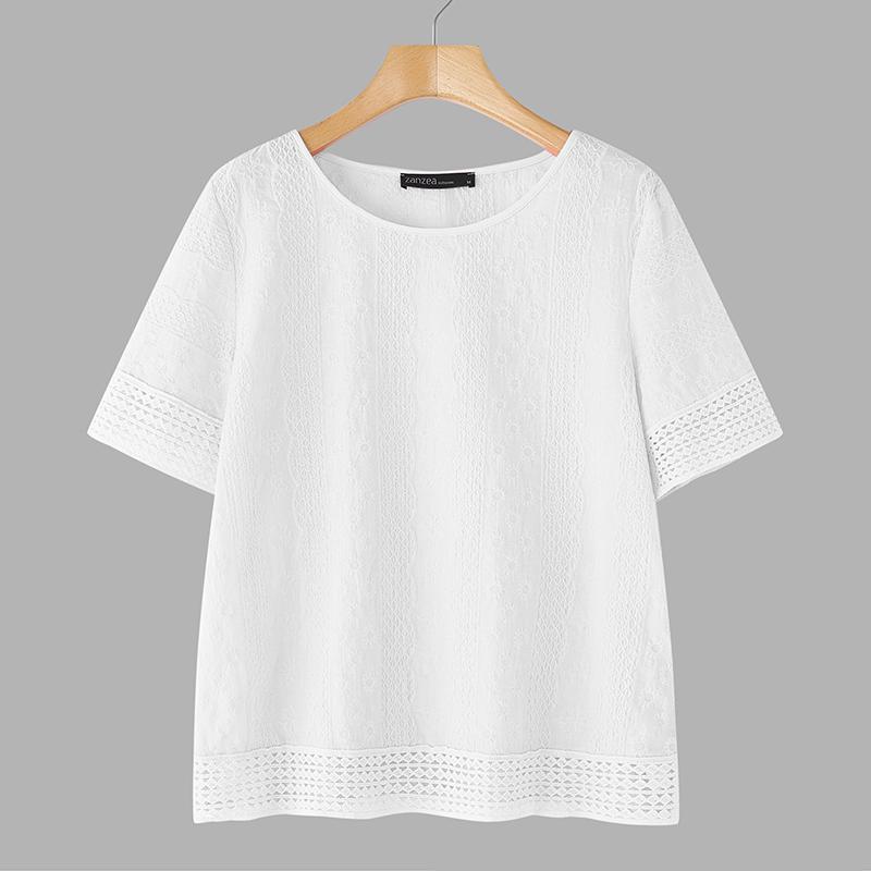 

ZANZEA Женская повседневная блузка с круглым вырезом, короткими рукавами и кружевной отделкой L