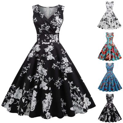 Women's Fashion V-neck Sleeveless Vintage Printed Party Cocktail Swing Dresses Swing Stretchy Dresses