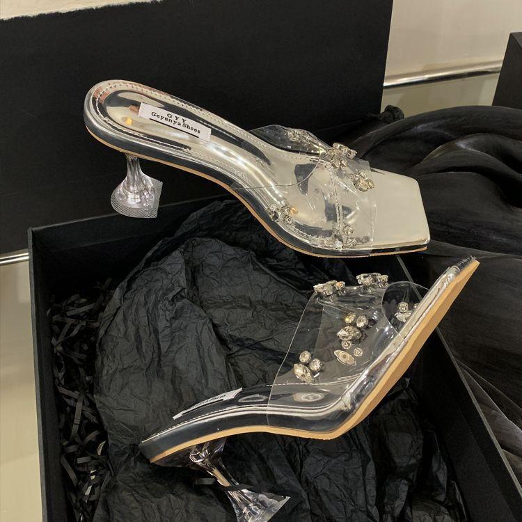 Korean Version of Handmade Rhinestone Parquet One-word Cool Slippers Wine Glass Heel Open Toes Square Head White Women's Shoes