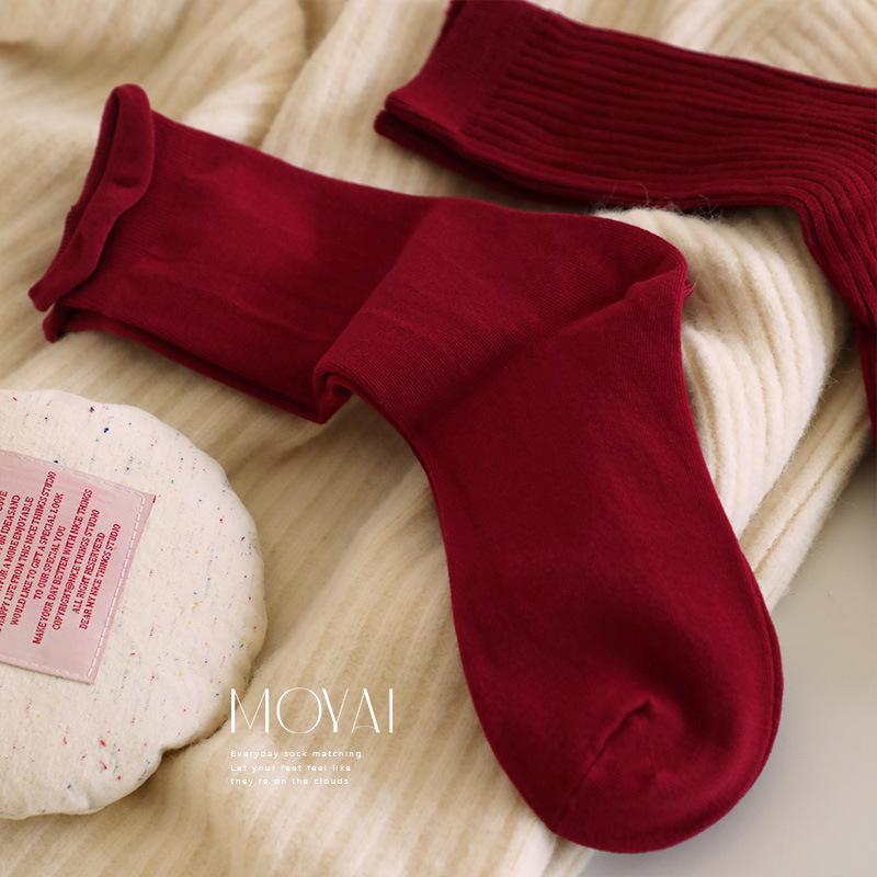 New Year'S Ankara Red Calf Socks Trend Fashion Versatile Burgundy Cotton Medium Stockings