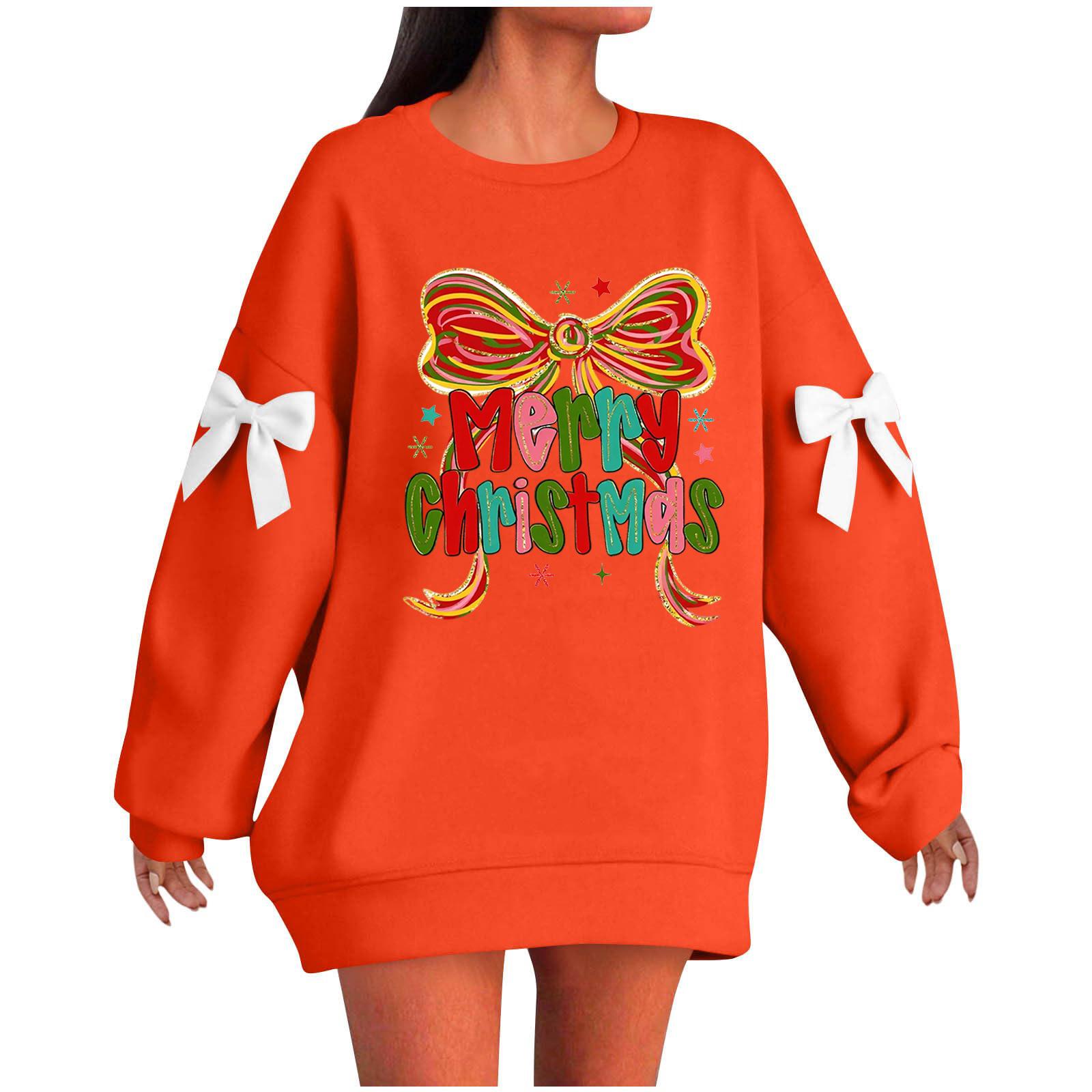 

Ladies Christmas Printed Bow Round Neck Long Sleeved Loose Pullover Sweater Sweatshirt Top S