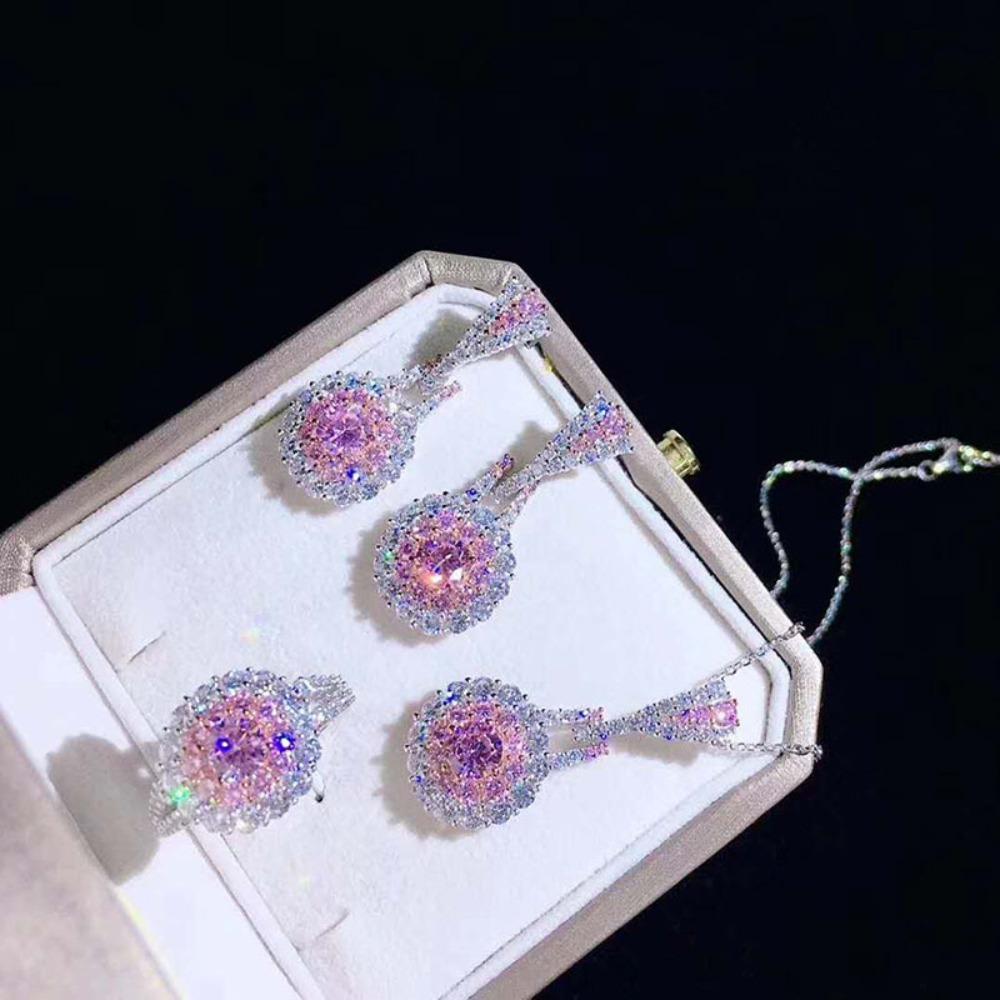 

Women Jewelry Set Pink Crystal Earrings Ring Necklace Vintage Zircon Pendant Minimalist Design Unique Fashion Accessories