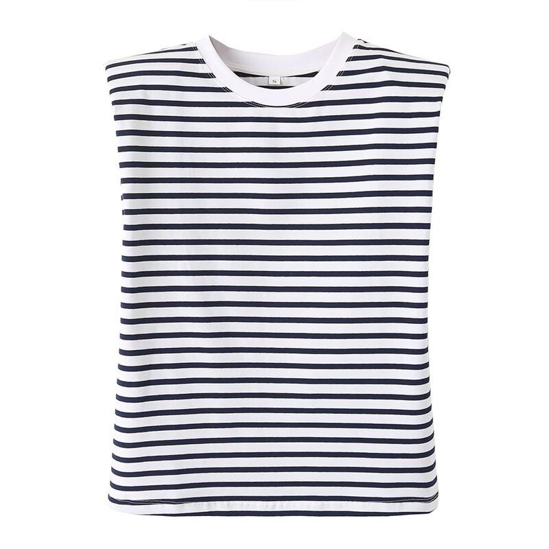 Fashion Style 2024 Summer New Women's Clothing Casual Easiest for Match Padded Shoulder Decoration Stripes T-shirt 0858030104