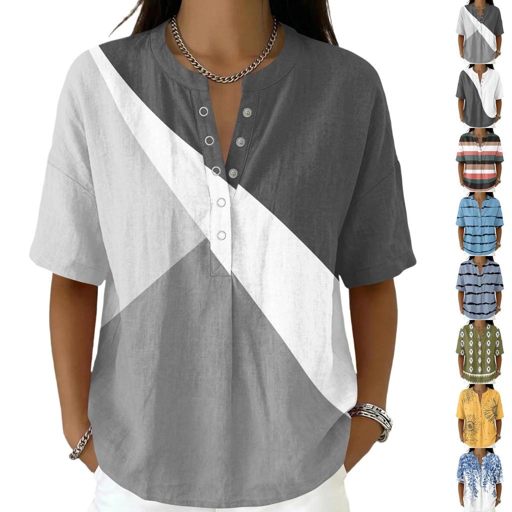 Women's Fashion V Neck Pullover Shirt Short Sleeve Casual Blouse Lightweight Loose Fit Top with Button Detail and Horizontal Stripe Pattern