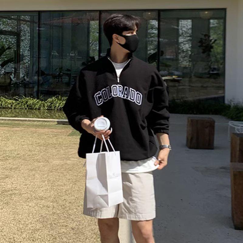 Μοντέρνο Αμερικάνικο Ανδρικό Ρετρό Φούτερ με Μισό Φερμουάρ: Άνοιξη/Φθινόπωρο Χαλαρή Γραμμή με Κεντητά Γράμματα