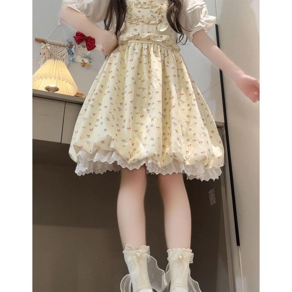 Summer Sweet Floral Suspender Dress & White Collared Shirt Set for Students